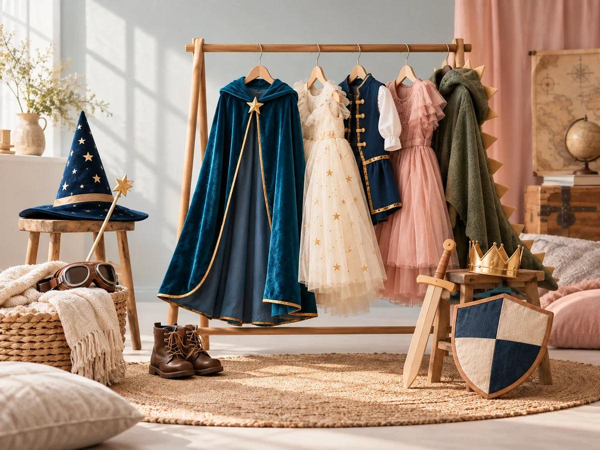Composición editorial: capas, vestidos y prendas de fantasía en un perchero, junto a sombrero, corona y escudo.