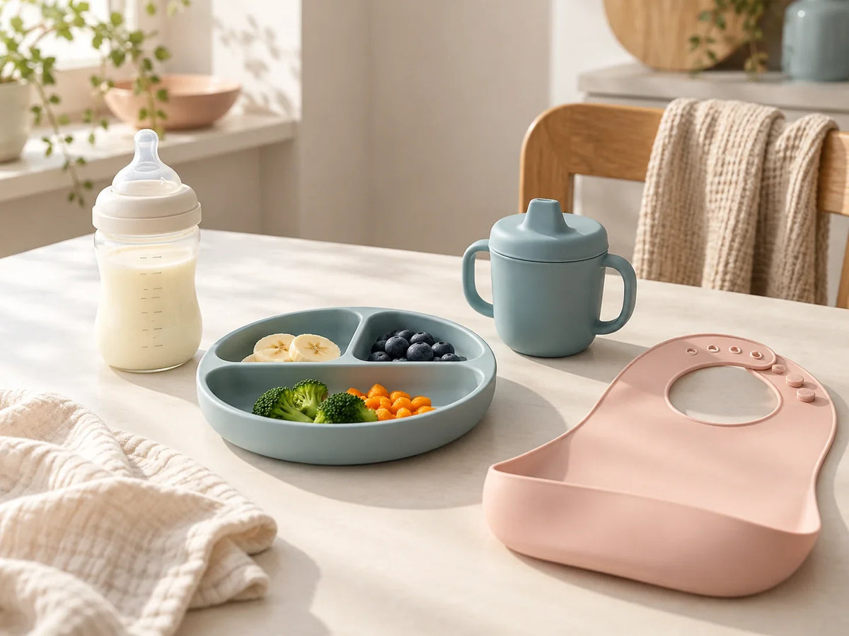 Composición editorial: un biberón, vaso con asas, plato con alimentos representados y babero rosa.