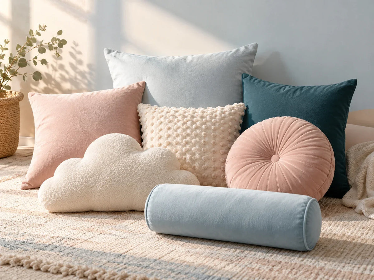 Composición editorial: almohadas y cojines de varias formas en azul, rosa y crema, incluido uno con forma de nube, sobre una alfombra.