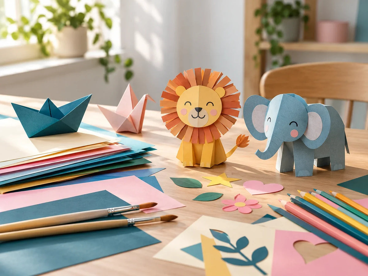 Composición editorial de figuras de papel de un león, un elefante y barcos junto a hojas de colores, lápices y pinceles.