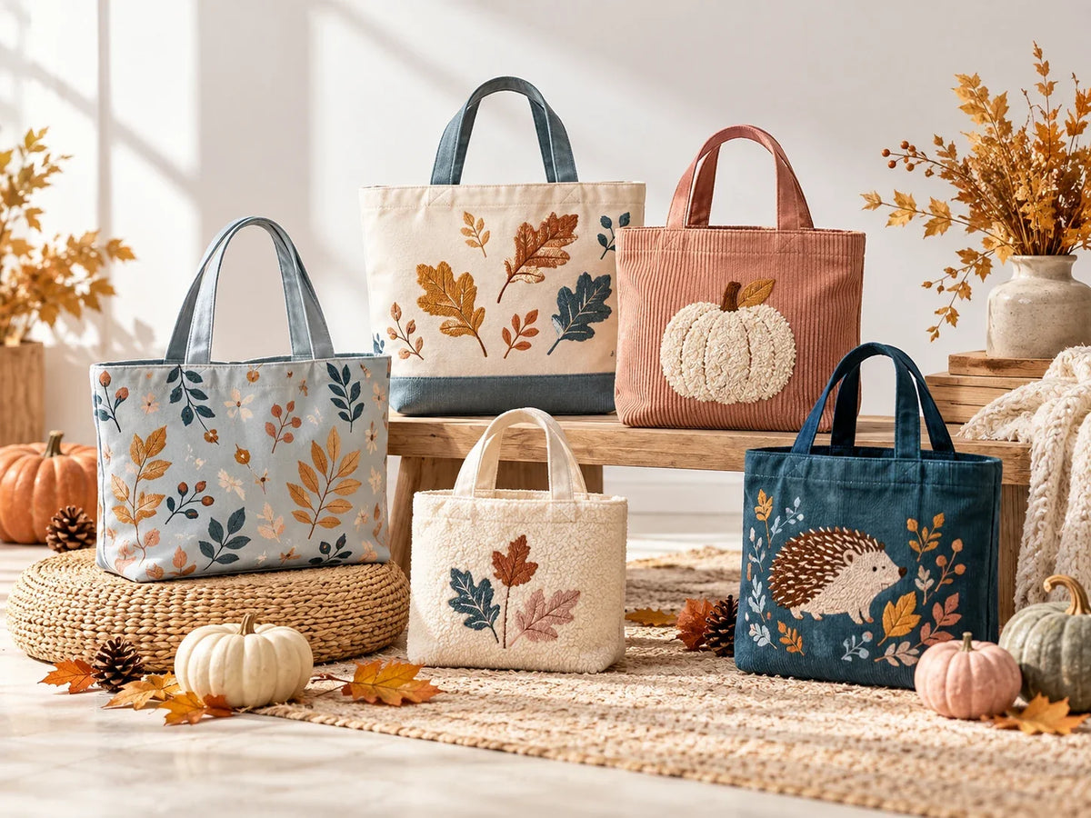 Composición editorial: bolsas de tela con asas y motivos de hojas, calabazas y criaturas otoñales.
