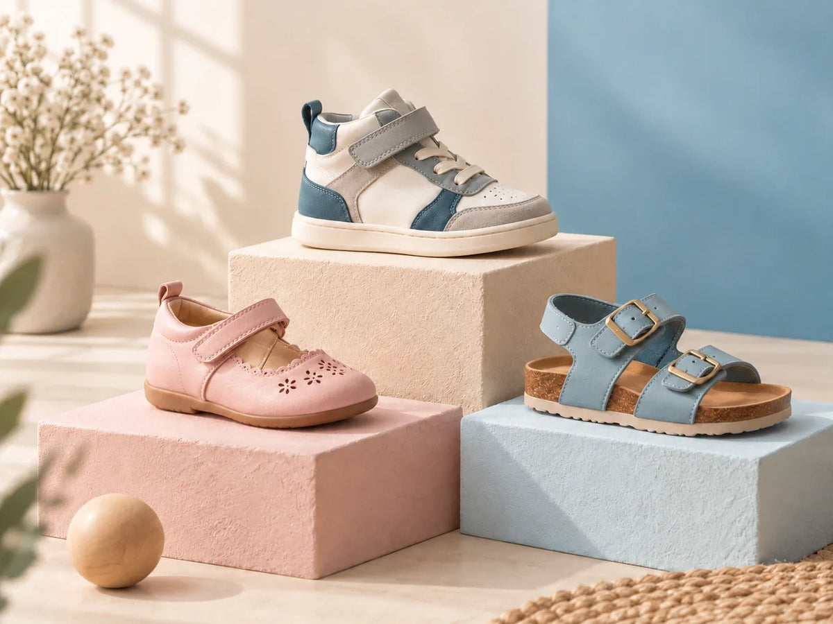 Composición editorial: una zapatilla de caña alta, un zapato rosa con tira y una sandalia azul, sobre tres bases de colores suaves.