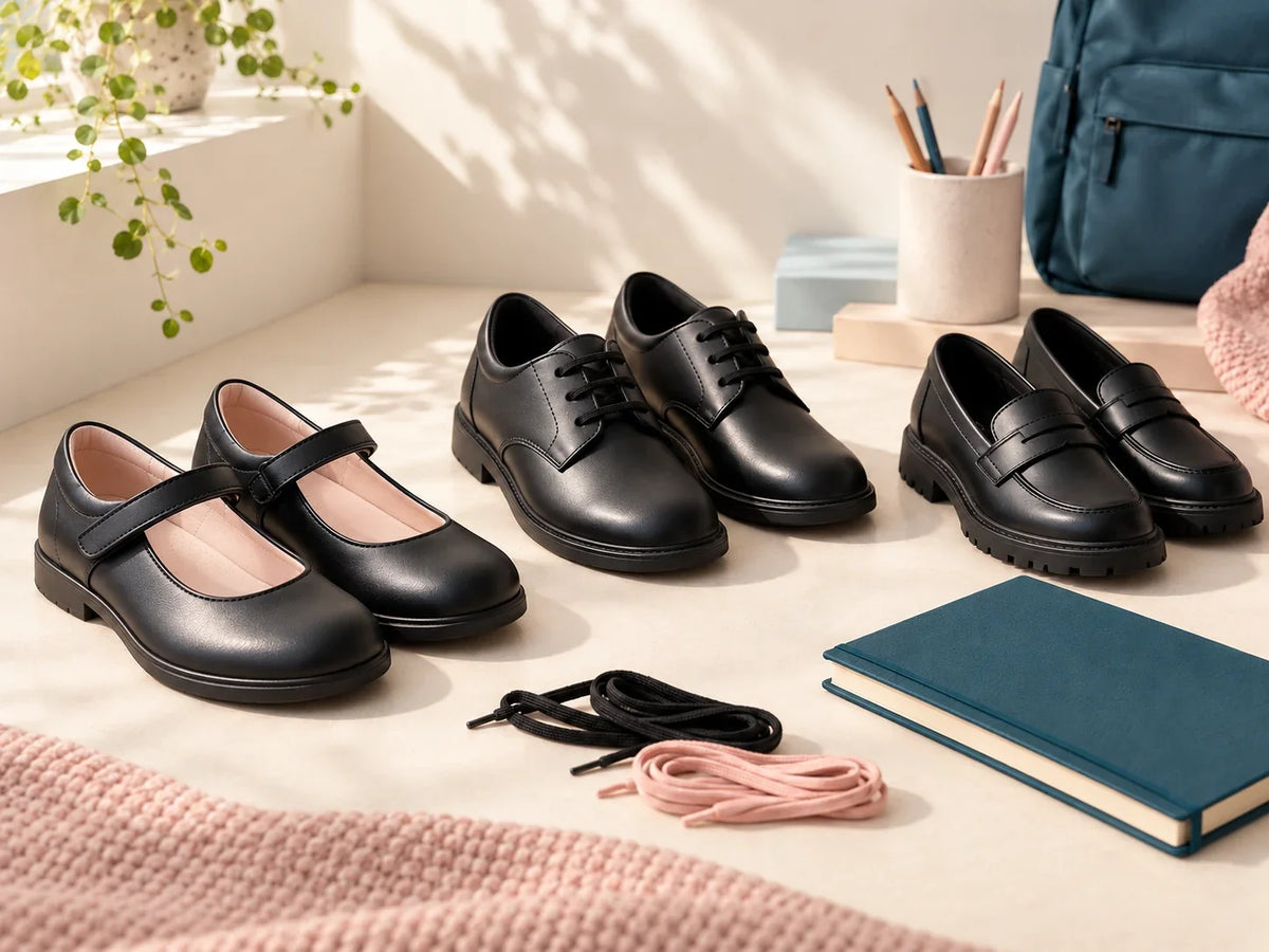 Composición editorial: tres pares de zapatos negros, con tira, cordones y estilo mocasín, junto a cuadernos y lápices.