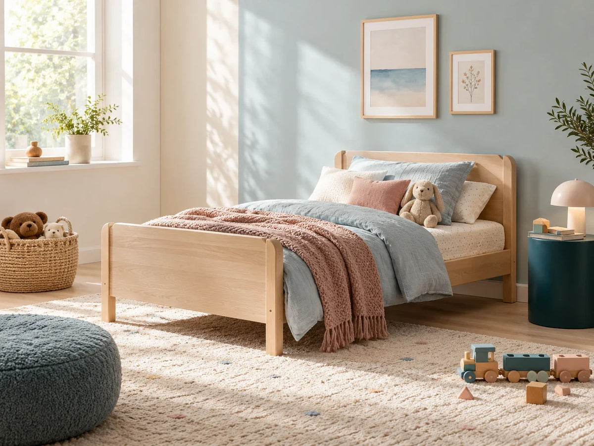 Composición editorial: una cama de madera con cojines, manta azul y rosa y un conejo de peluche, en una habitación iluminada.