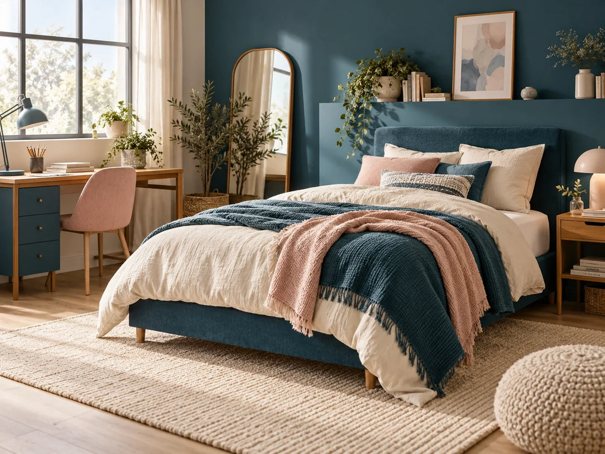 Composición editorial: una cama tapizada azul con ropa de cama clara y mantas, junto a un escritorio y una ventana.