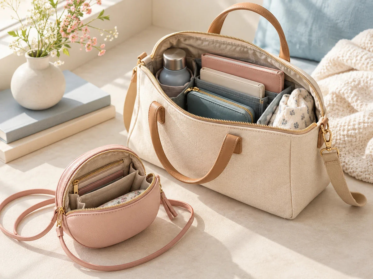 Composición editorial: un bolso beige abierto y una cartera rosa con sus compartimentos visibles.