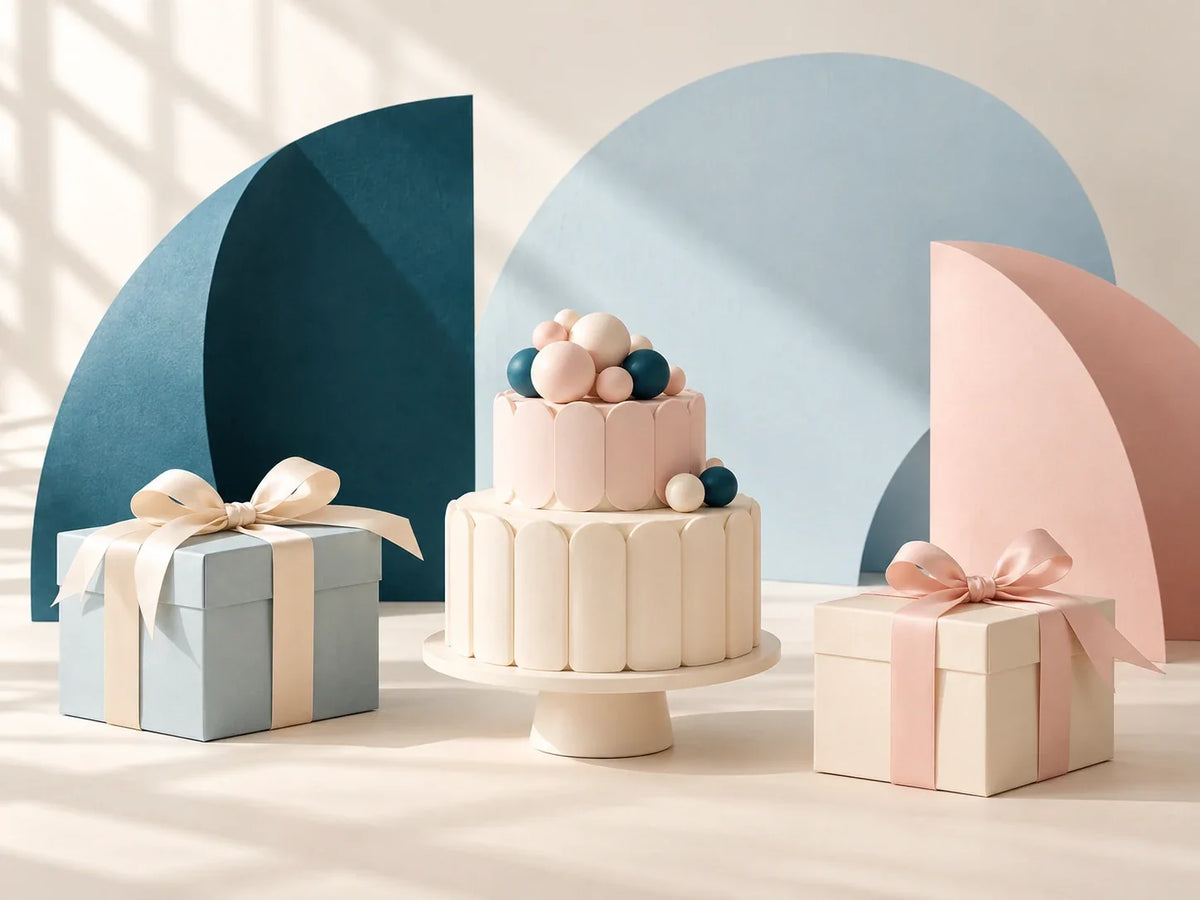 Composición editorial: un pastel decorativo de dos niveles y cajas con lazos delante de formas geométricas.