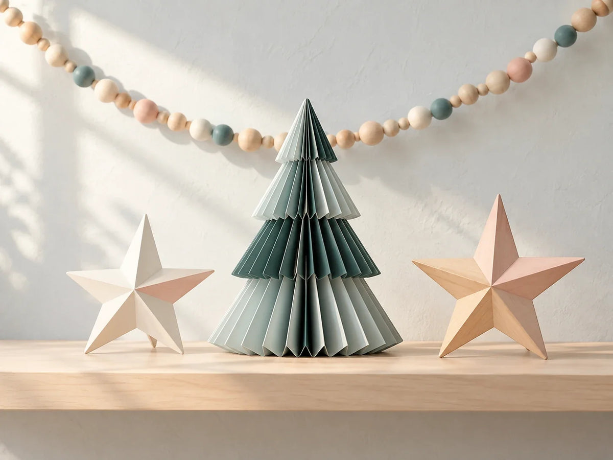 Composición editorial: un árbol decorativo plegado, estrellas y una guirnalda sobre un estante.