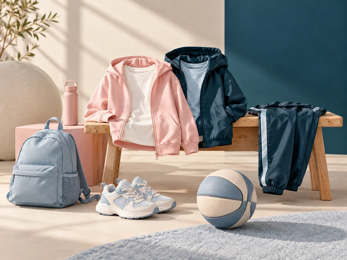 Composición editorial: prendas deportivas en un perchero junto a mochila, zapatillas y pelota.