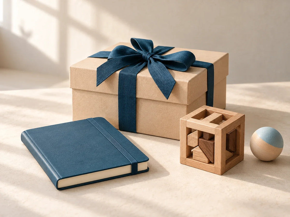 Composición editorial: una caja con lazo azul junto a una libreta y figuras de madera.