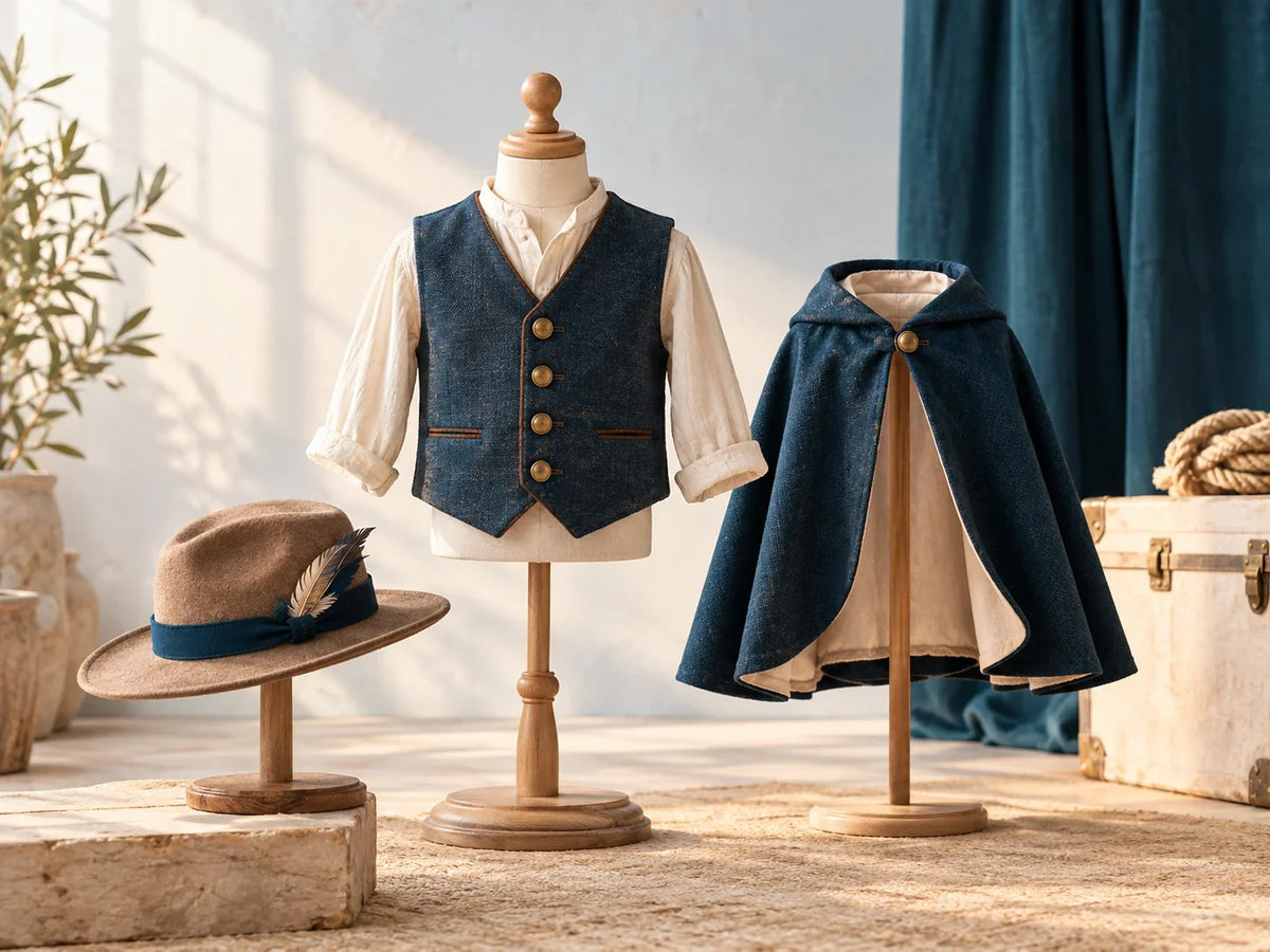 Composición editorial: un chaleco sobre camisa clara, una capa azul y un sombrero marrón en soportes.