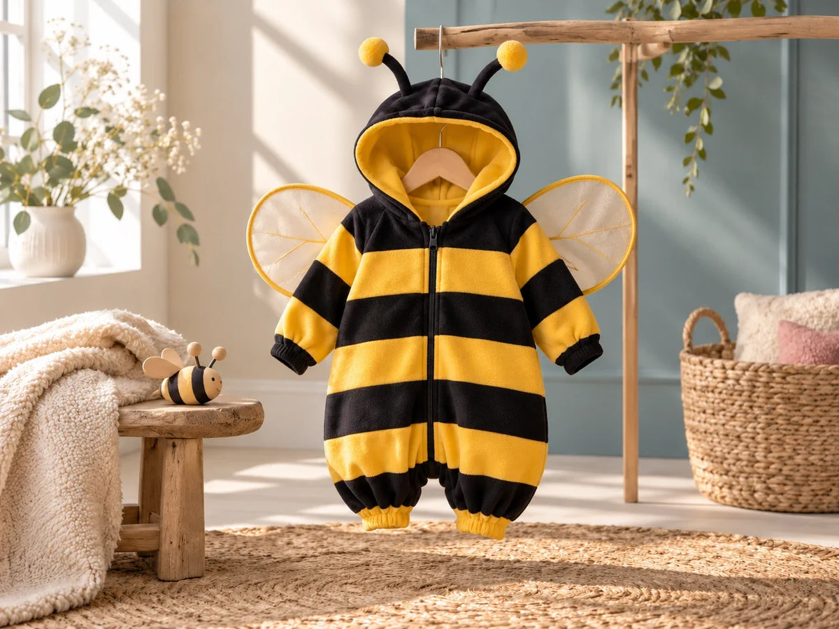 Composición editorial: un disfraz de abeja de rayas amarillas y negras con capucha y alas.