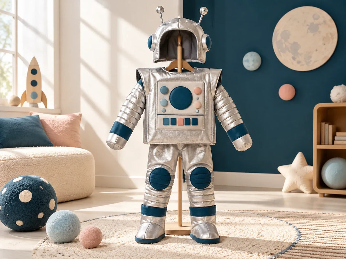 Composición editorial: un disfraz plateado de robot con detalles azules delante de un fondo espacial.