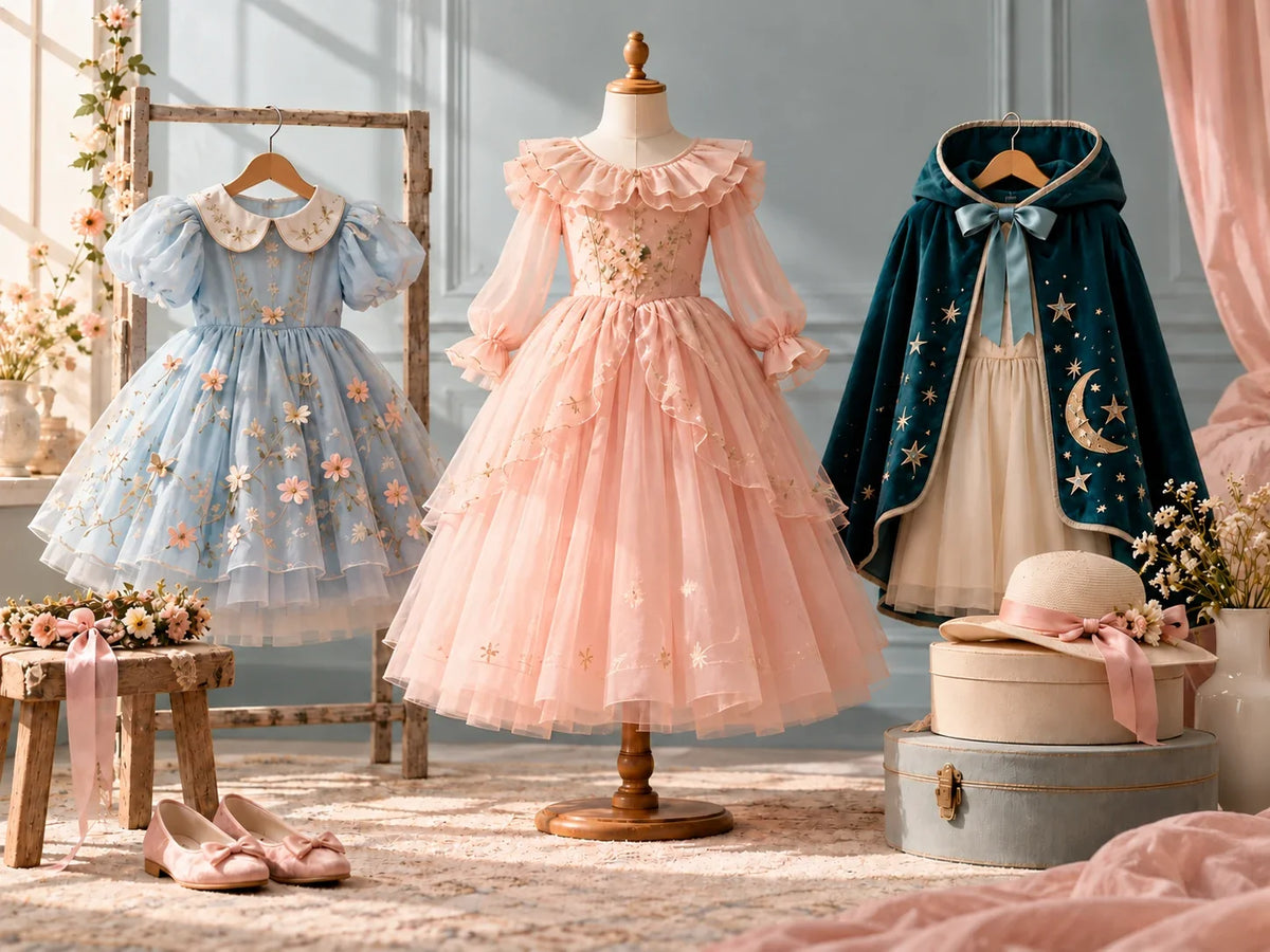 Composición editorial: vestidos de fantasía en tonos azul y rosa junto a una capa decorada.