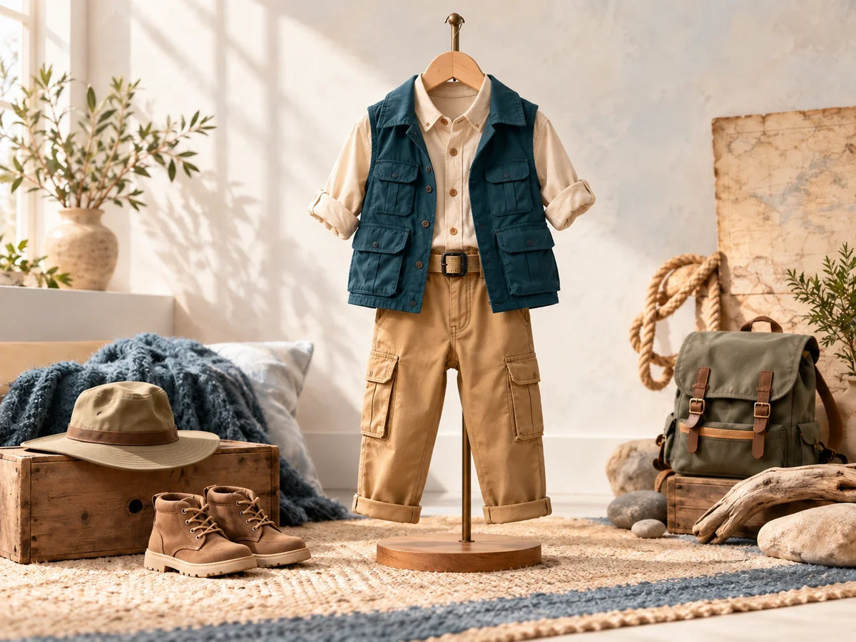 Composición editorial: un conjunto de aventura con chaleco azul y pantalón beige junto a botas y mochila.