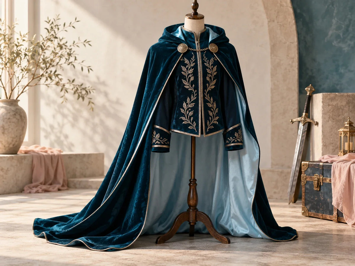 Composición editorial: una capa azul y chaqueta de fantasía con bordados sobre un soporte.