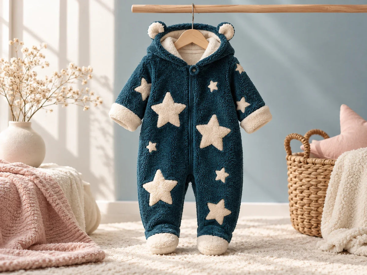 Composición editorial: un enterizo azul con capucha, orejas redondeadas y estrellas claras.