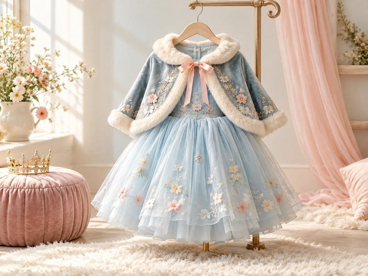 Composición editorial: un vestido azul de fantasía con capa corta y lazo rosa colgado en una percha.