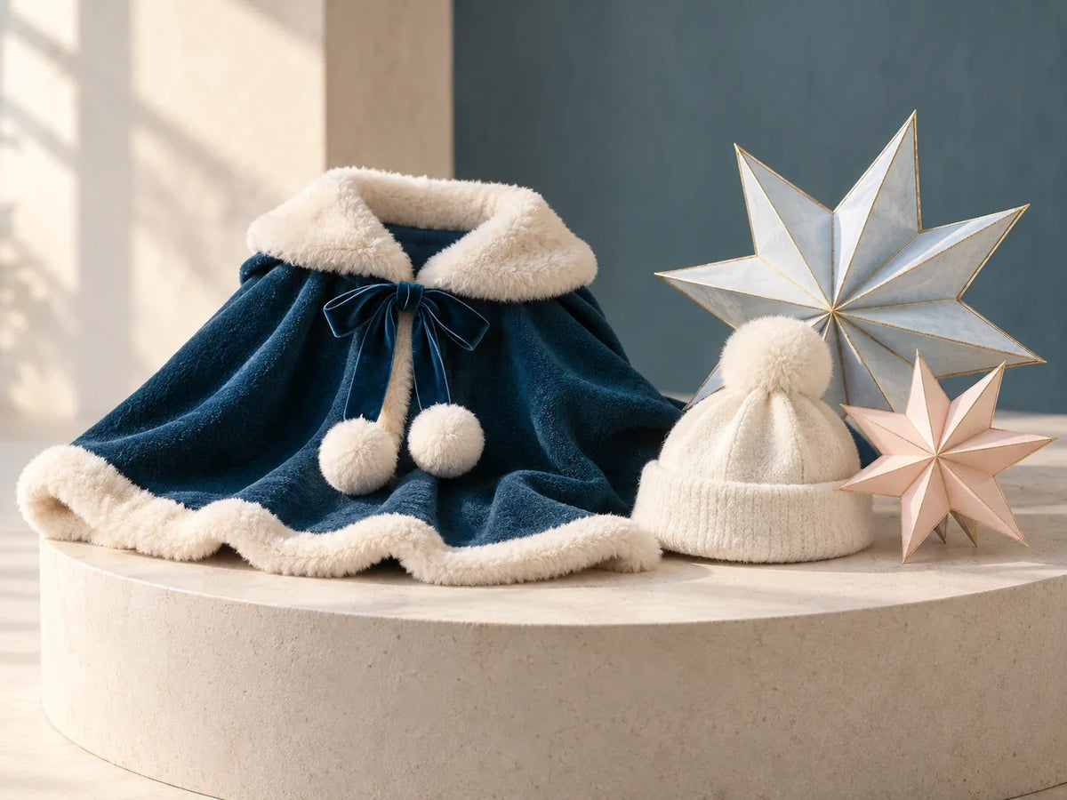 Composición editorial: una capa azul con borde claro y un gorro de punto junto a estrellas.