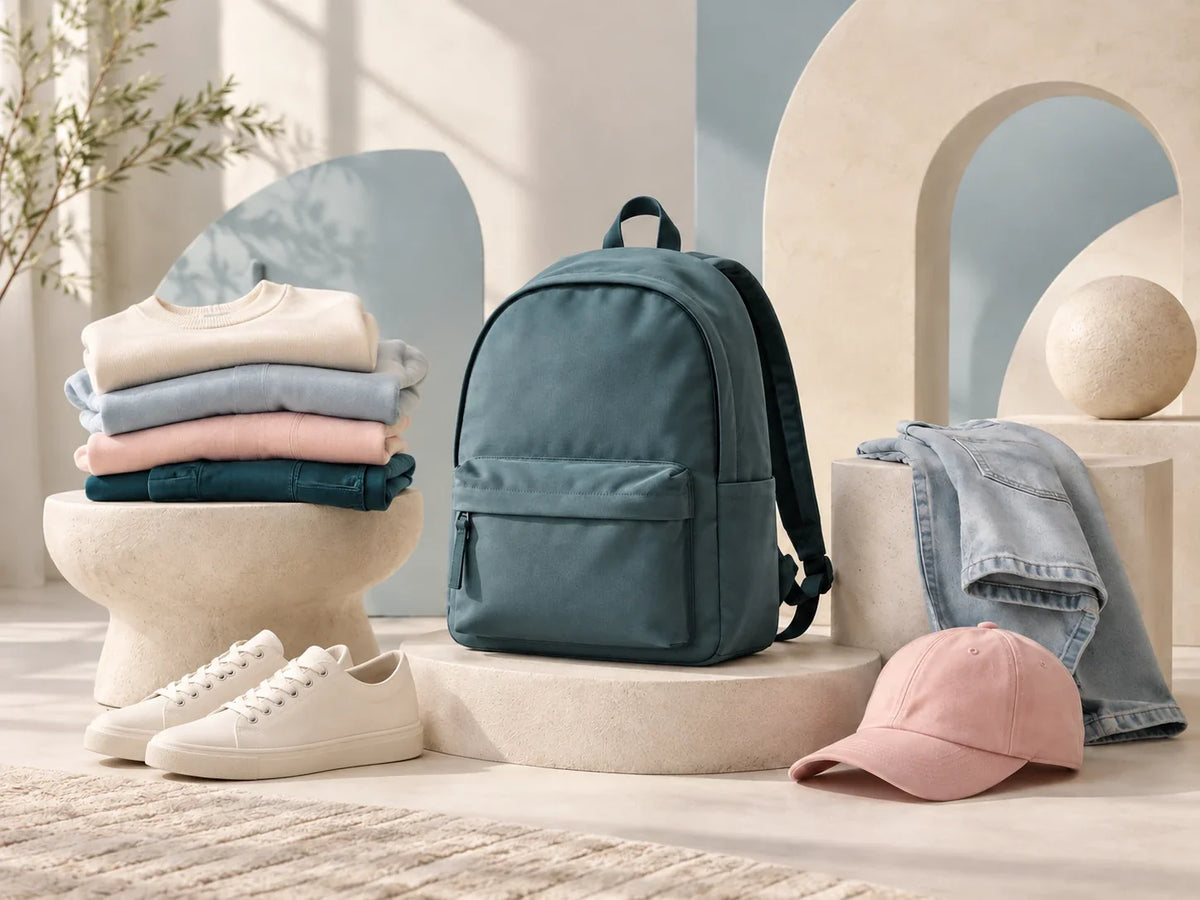 Composición editorial: una mochila, prendas dobladas, gorra y zapatillas junto a formas arqueadas.