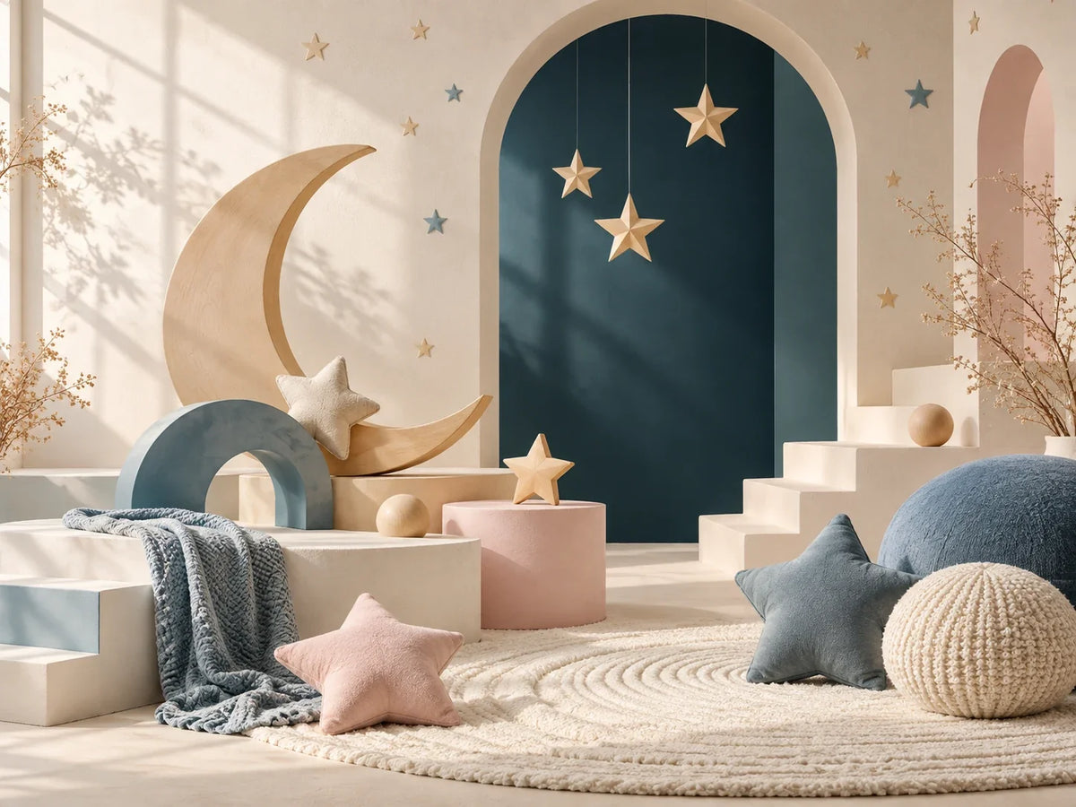 Composición editorial: una puerta arqueada, luna y estrellas decorativas con cojines sobre una alfombra.