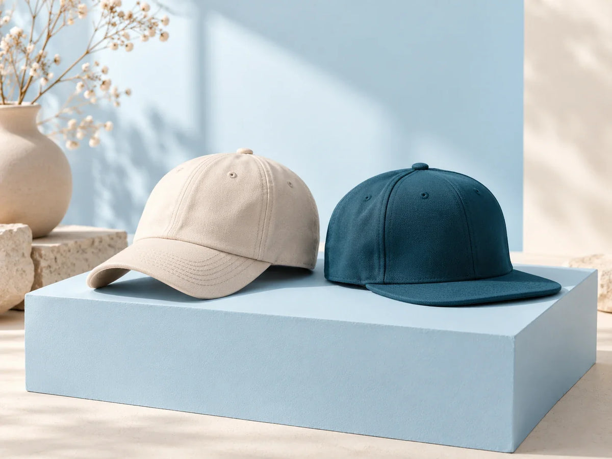 Composición editorial: una gorra beige y otra azul sobre un pedestal celeste.