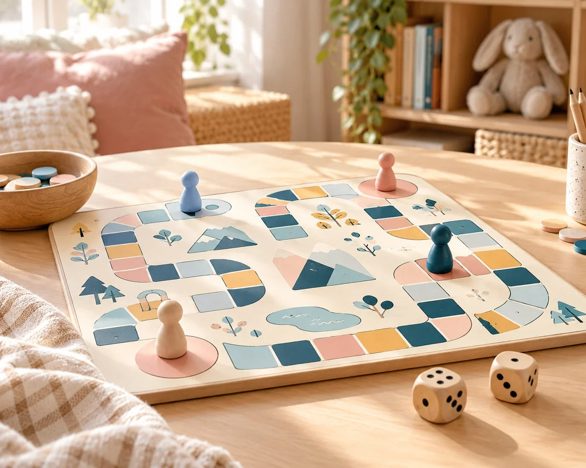 Composición editorial de un juego de mesa genérico, con tablero, fichas de colores y dados sobre una mesa clara.