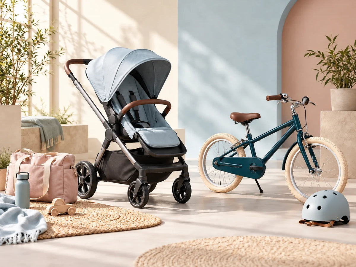 Composición editorial: un coche de bebé vacío y una bicicleta infantil junto a una maleta y un casco.