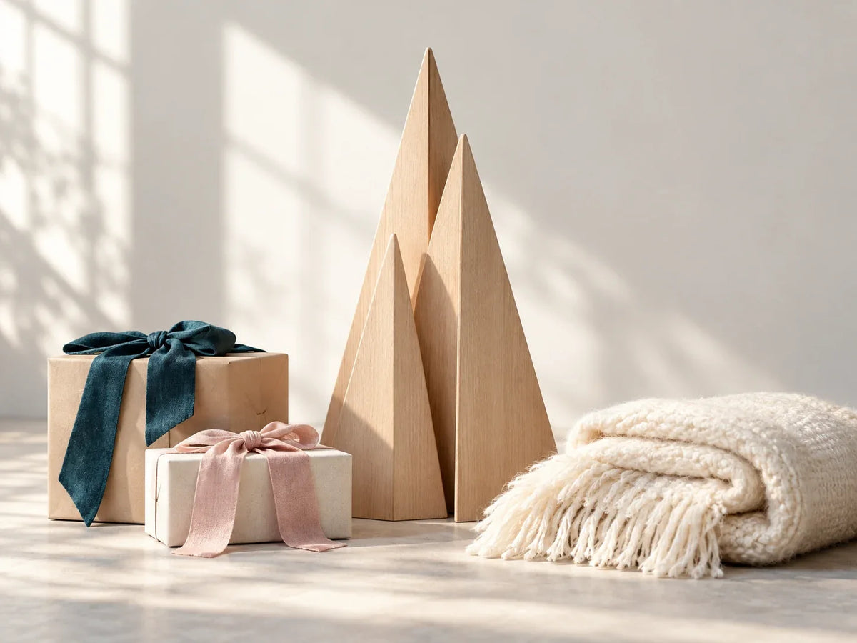 Composición editorial: un árbol geométrico de madera, cajas con lazos y una manta clara doblada.