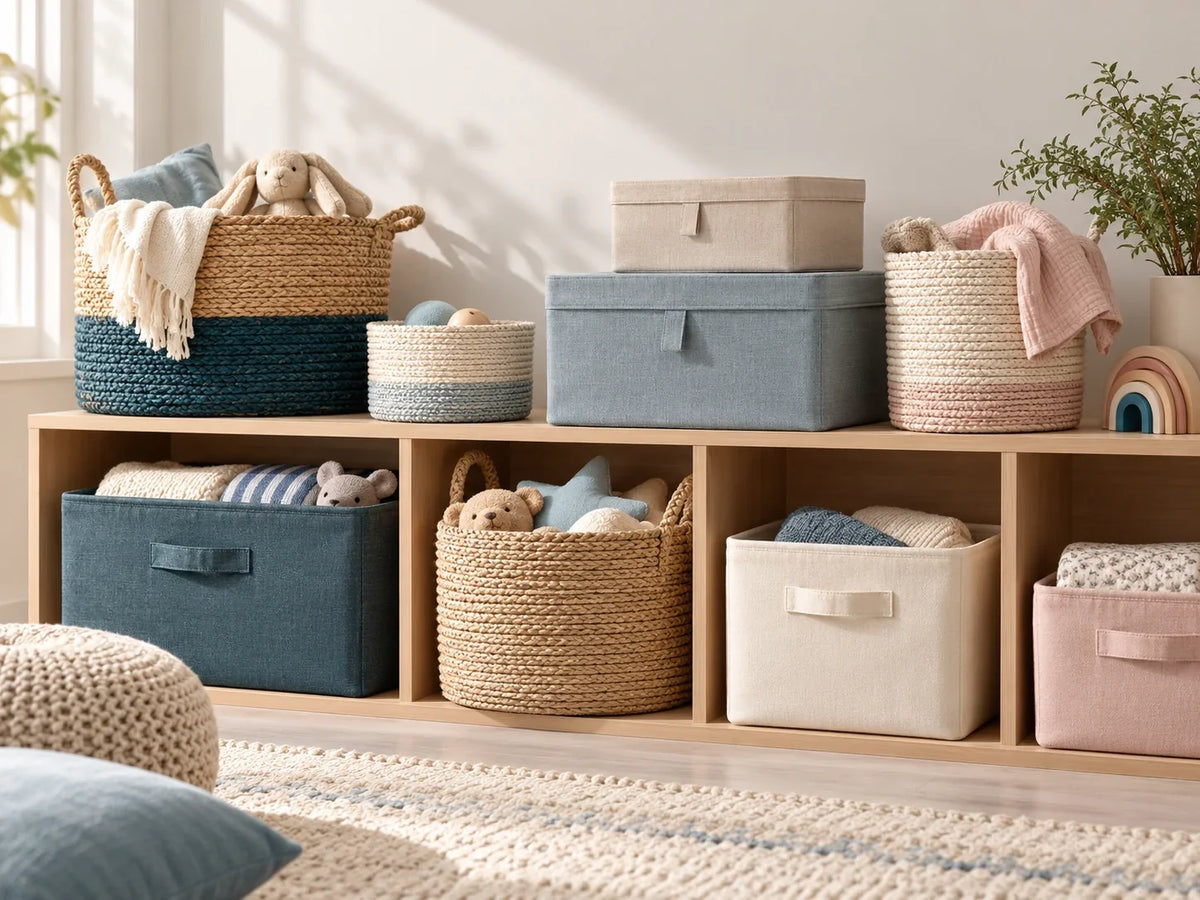 Composición editorial: cestas y cajas de distintos tamaños y colores, con textiles y juguetes, organizadas en una estantería baja.