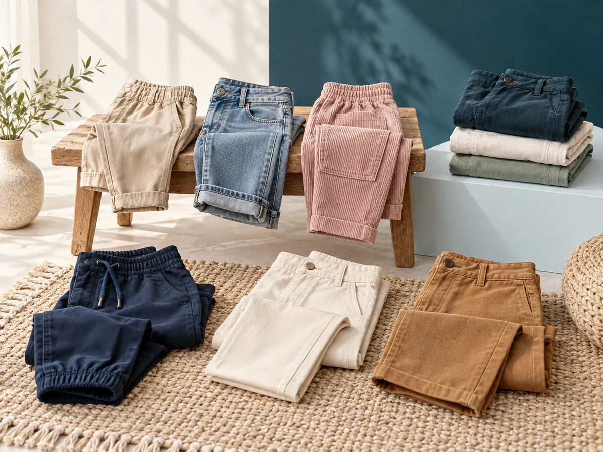 Composición editorial: pantalones de distintos cortes en azul, beige, rosa y marrón, doblados sobre un banco y una alfombra.