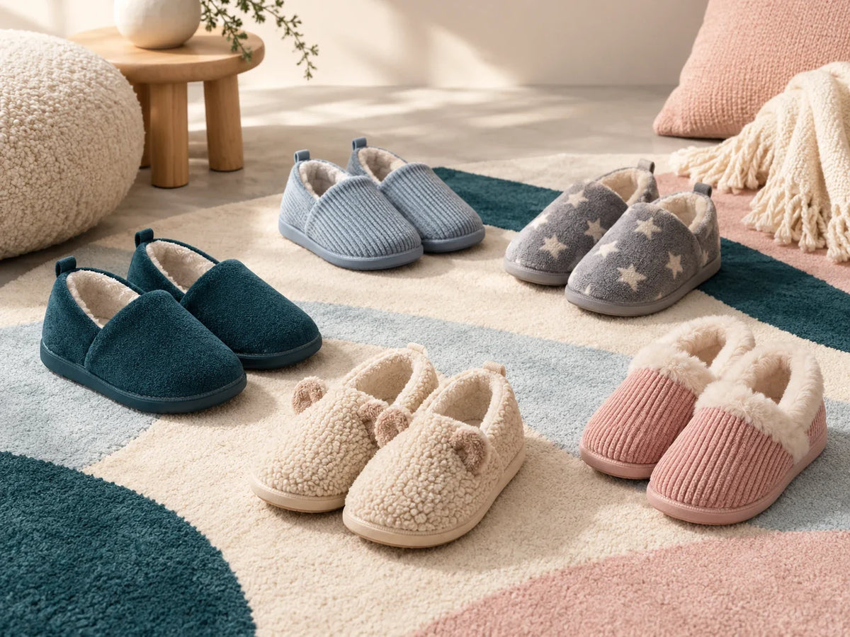 Composición editorial: cinco pares de pantuflas en azul, gris, beige y rosa, sobre una alfombra de colores suaves.