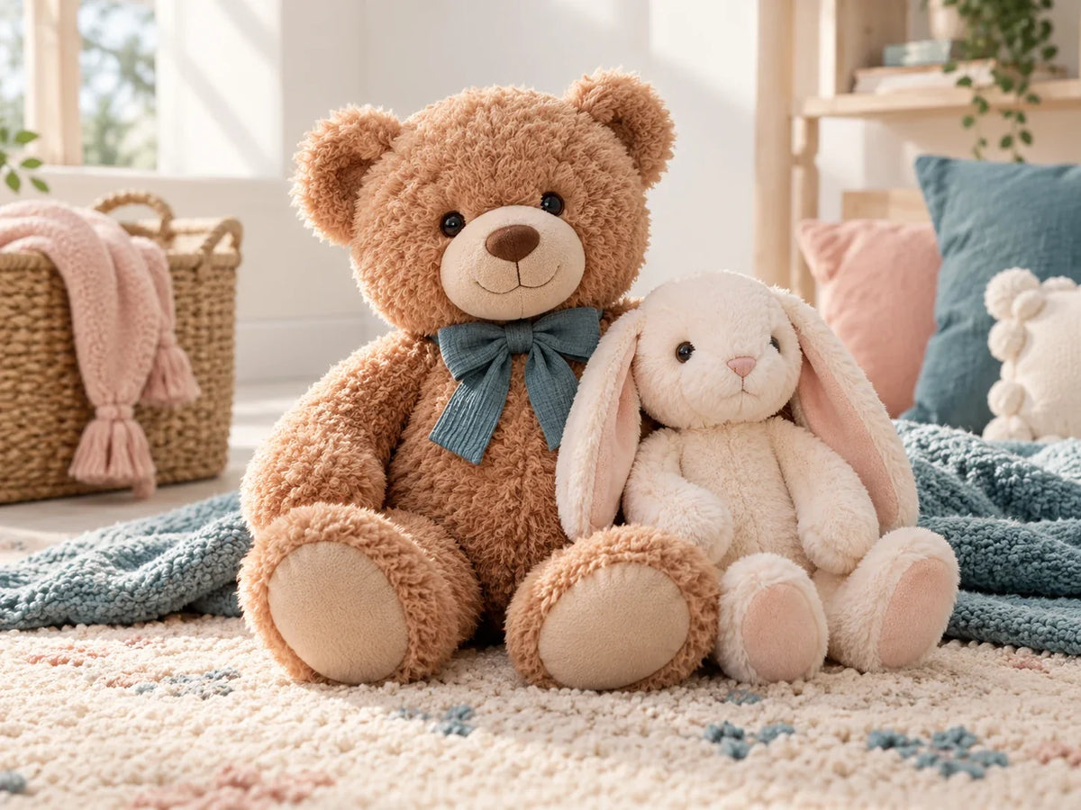 Composición editorial de un oso marrón con lazo azul y un conejo claro de peluche sentados juntos sobre una alfombra.