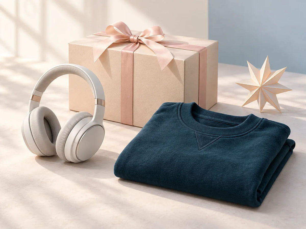 Composición editorial: auriculares y un suéter azul junto a una caja de regalo y una estrella.