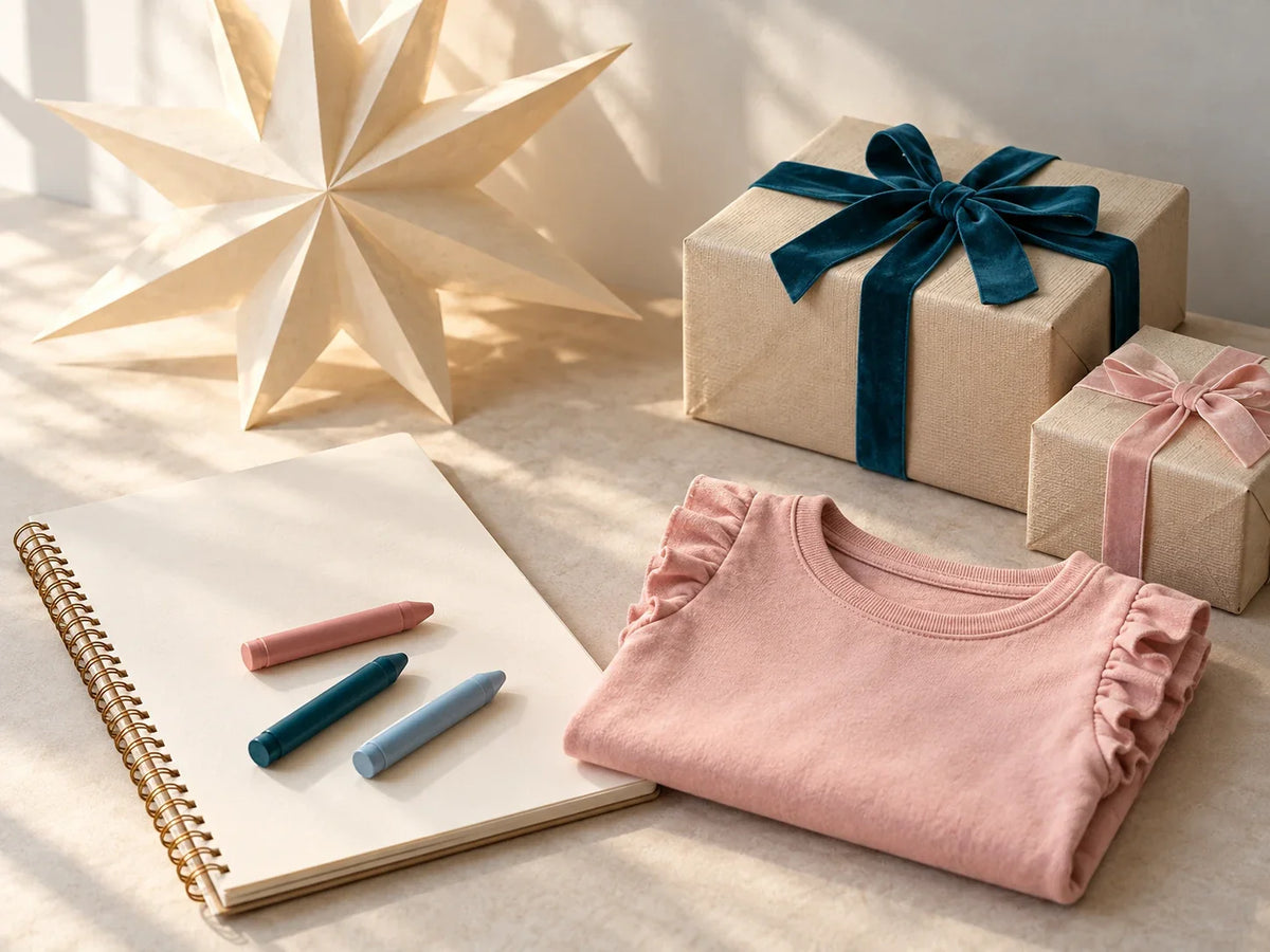 Composición editorial: una camiseta rosa, libreta y ceras de colores junto a regalos y una estrella.