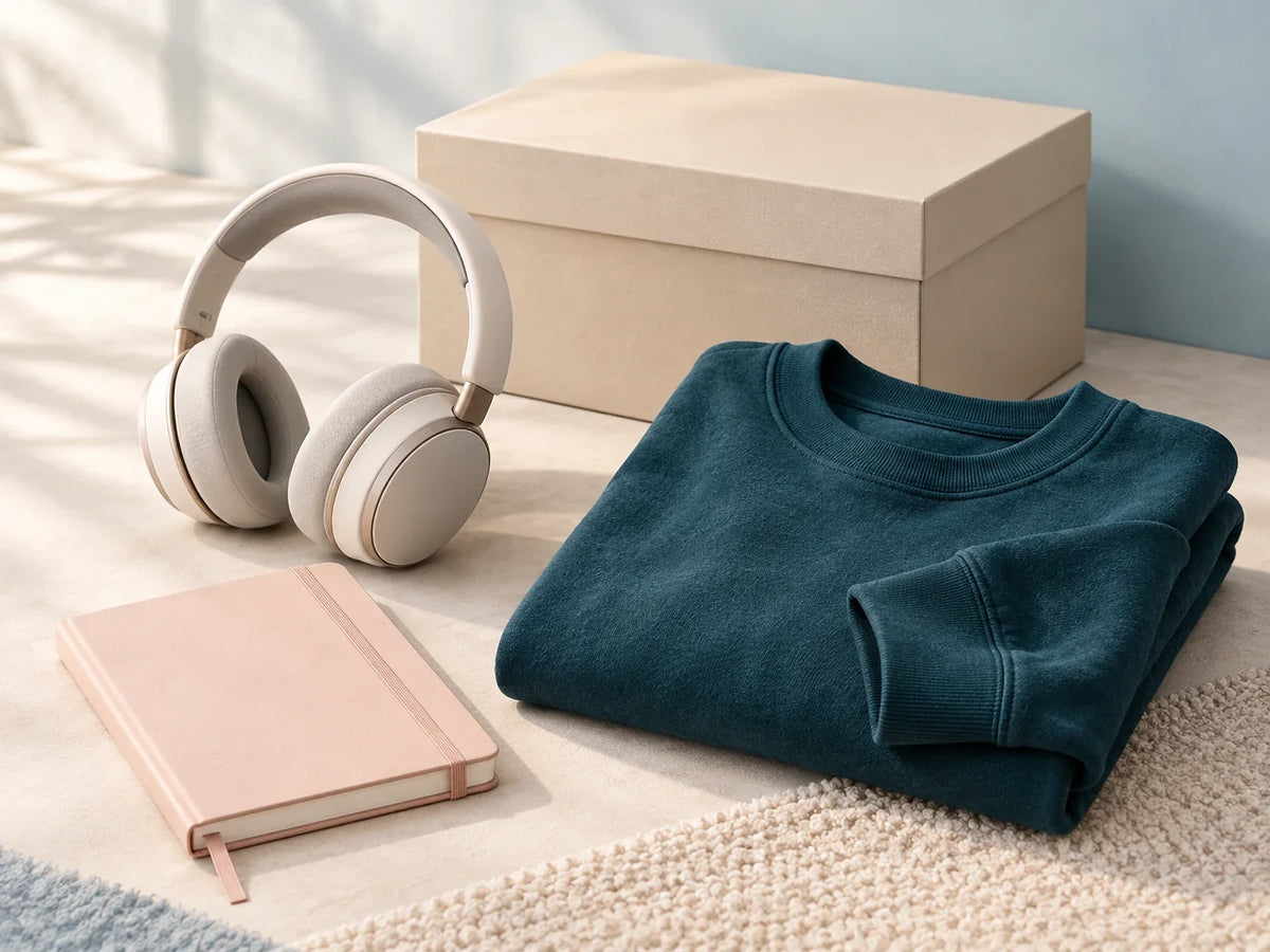 Composición editorial: auriculares, un suéter azul y una libreta junto a una caja de regalo.