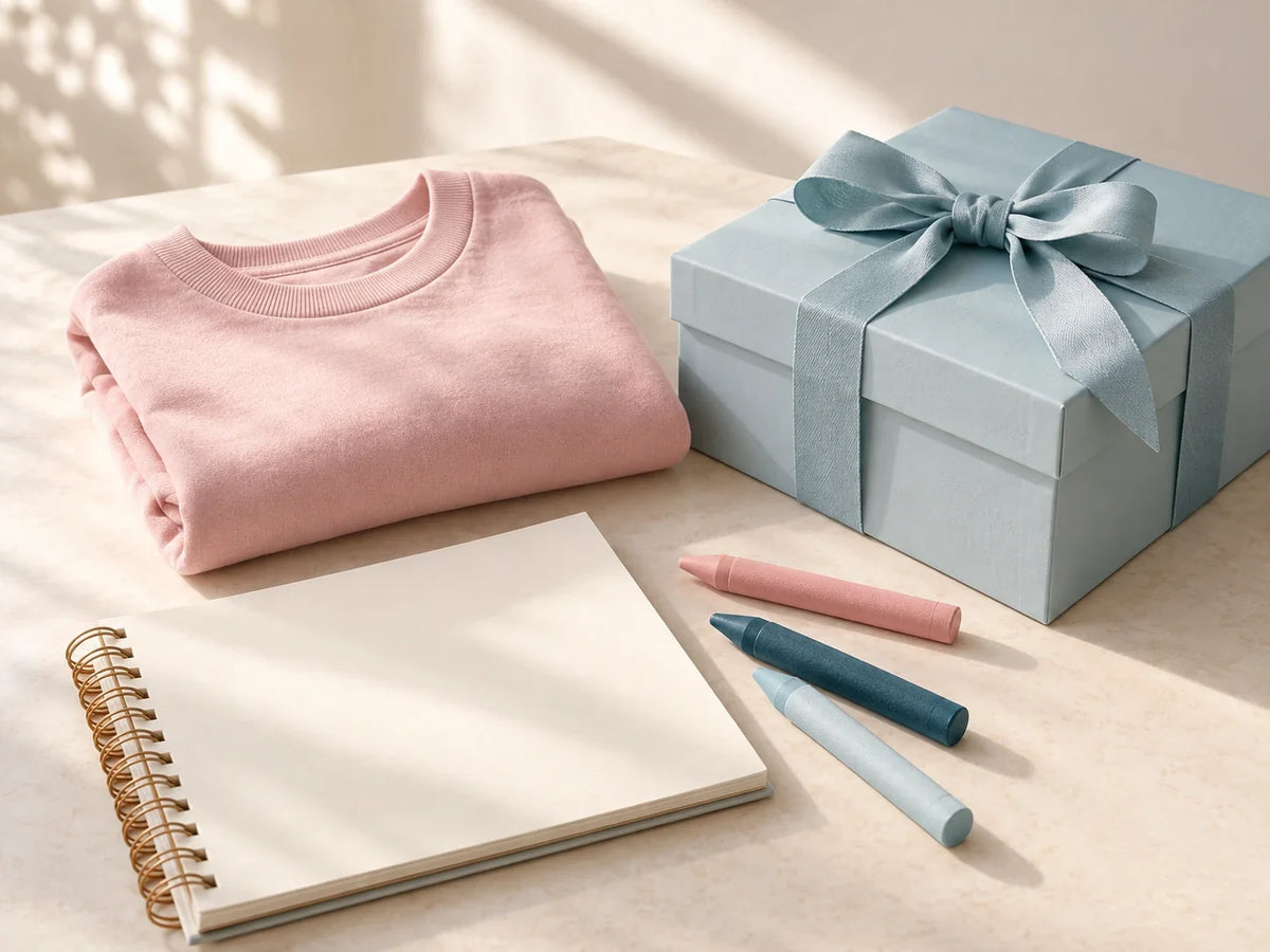 Composición editorial: una camiseta rosa doblada, libreta y ceras junto a una caja con lazo.