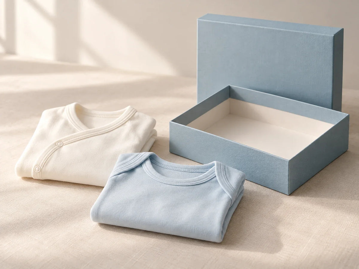 Composición editorial: dos prendas pequeñas dobladas junto a una caja azul abierta.