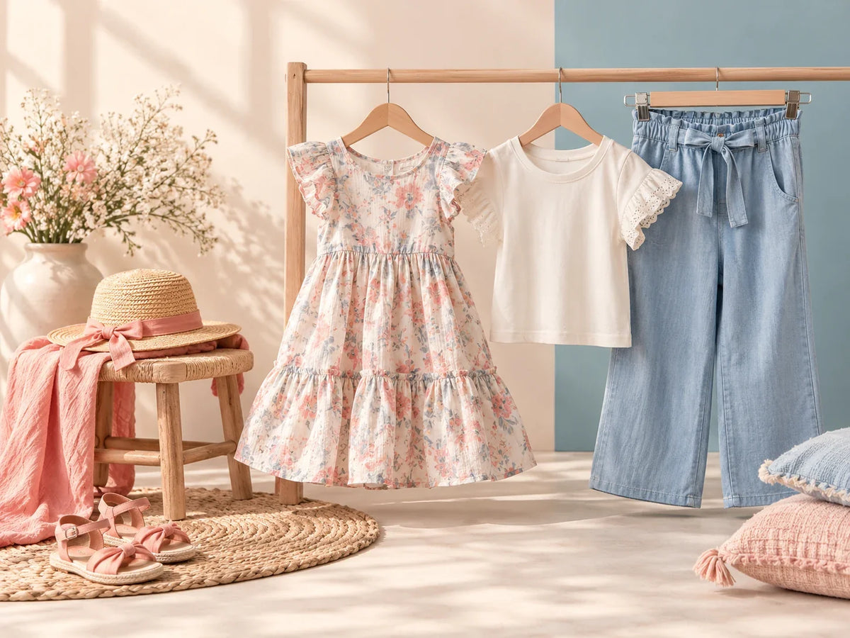 Composición editorial: un vestido floral, una camiseta clara y un pantalón azul colgados en un perchero, con un sombrero y sandalias al lado.