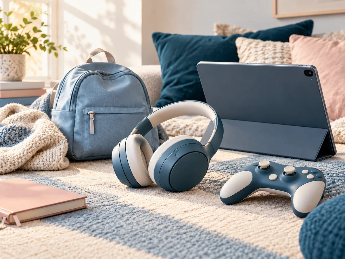 Composición editorial: auriculares, un mando y la parte posterior de una tableta junto a una mochila.