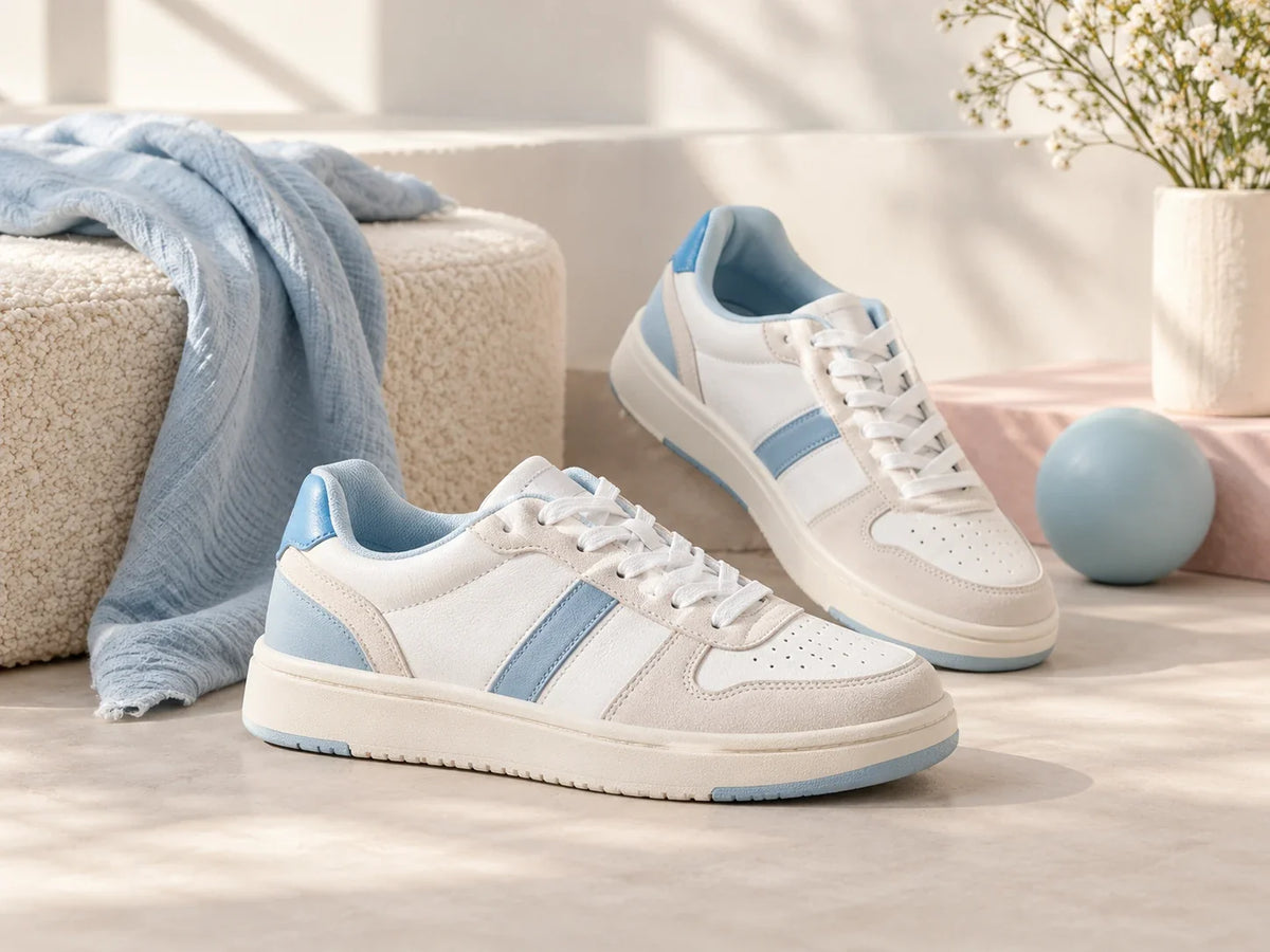 Composición editorial: un par de zapatillas blancas con cordones y detalles azul claro, sobre una superficie clara.