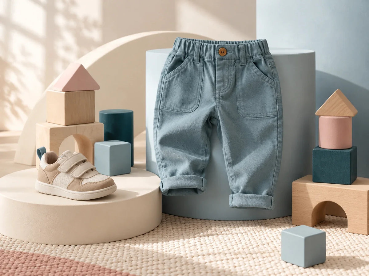 Composición editorial: un pantalón azul, zapato claro y bloques de madera sobre bases redondeadas.
