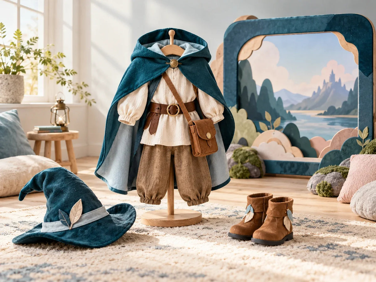 Composición editorial: un conjunto de aventura con capa azul junto a sombrero, botas y un paisaje decorativo.