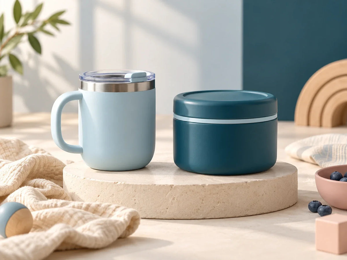 Composición editorial: un vaso con asa y un recipiente azul con tapa sobre una base redondeada.
