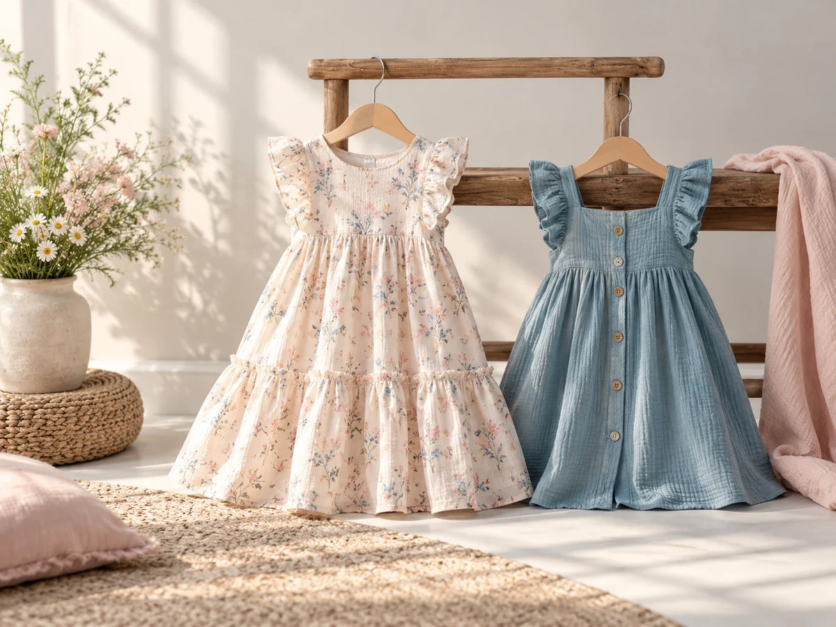 Composición editorial: dos vestidos colgados: uno claro con estampado floral y otro azul con botones y tirantes con volantes.