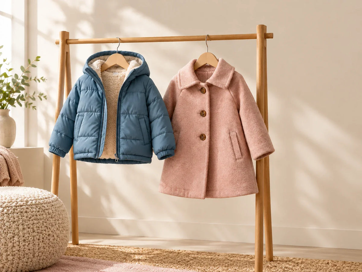 Composición editorial: una chaqueta azul acolchada y un abrigo rosa colgados en un perchero de madera.