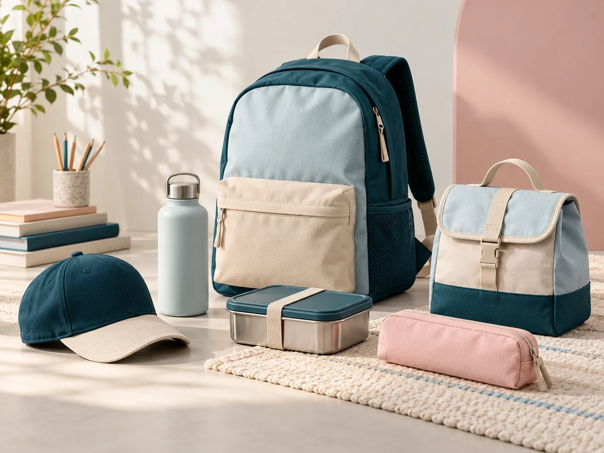 Composición editorial: una mochila, gorra, lonchera, estuche y botella sobre una mesa clara.