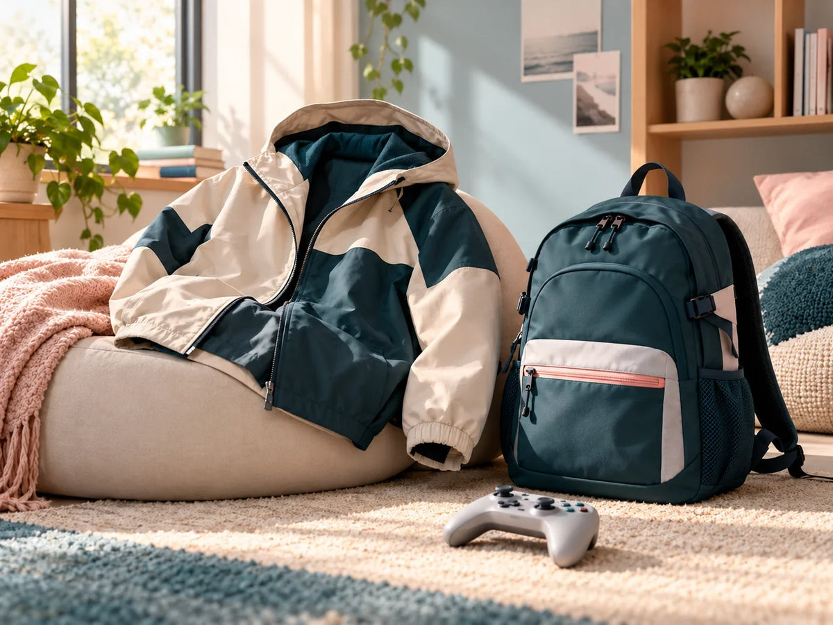 Composición editorial: una chaqueta bicolor, mochila y mando de videojuegos junto a un sillón.