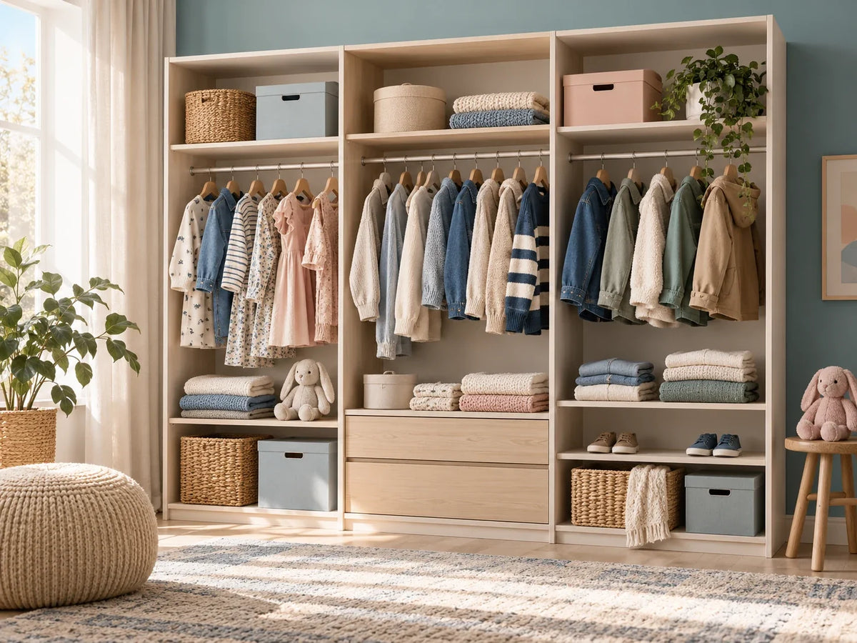 Composición editorial: un armario abierto de madera con ropa en perchas, prendas dobladas, cestas y cajas organizadas en compartimentos.