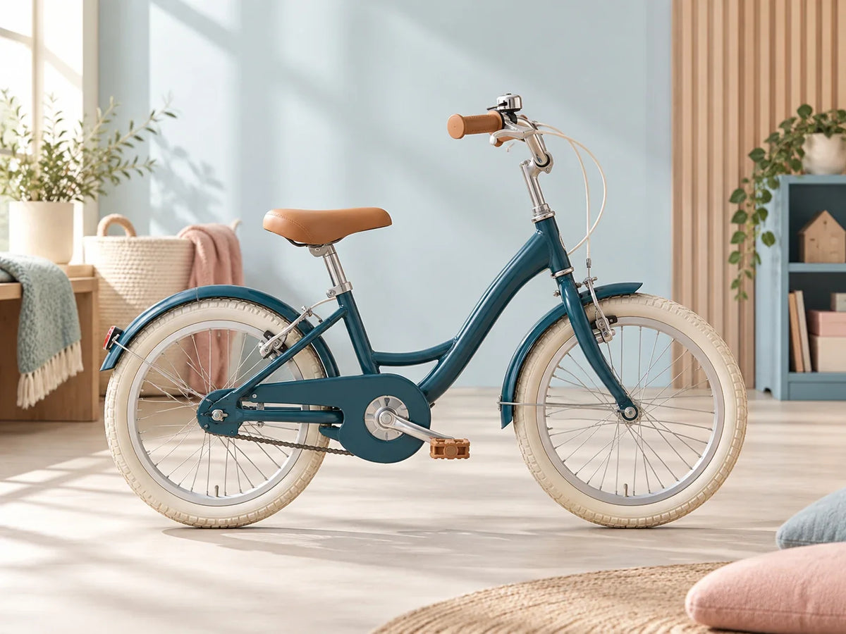Composición editorial: una bicicleta azul con sillín marrón y ruedas claras, vista de perfil.